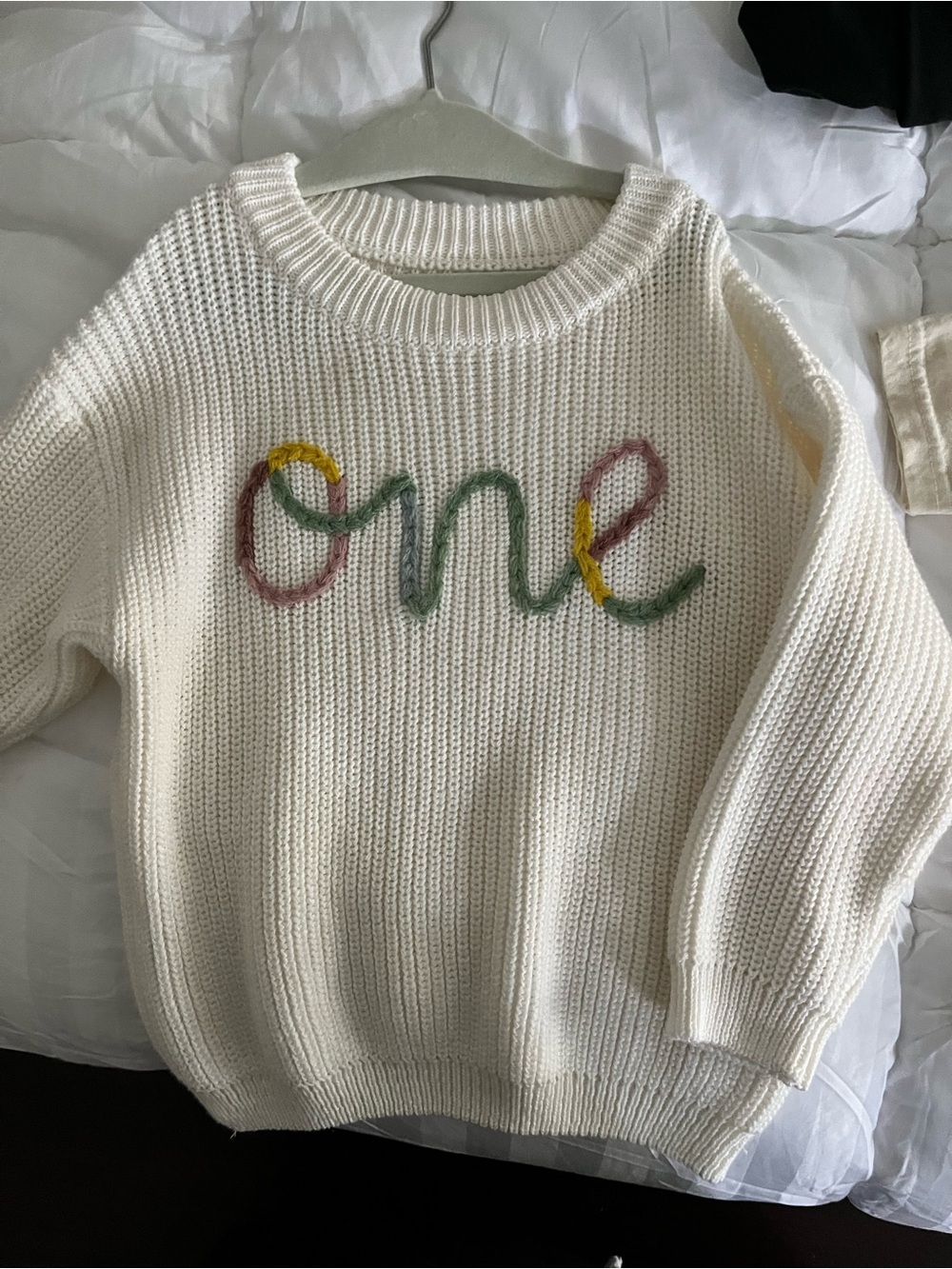 Cream Knit Sweater with Multicolor 'one' Stitching